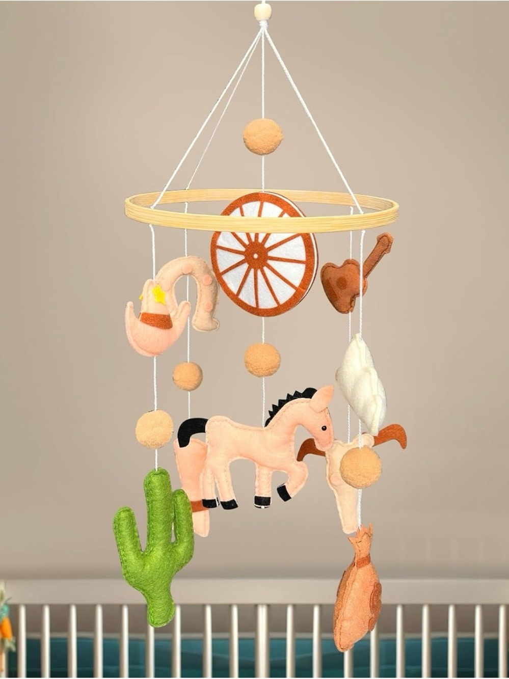 Plush Western Theme Baby Mobile - Peach & Green